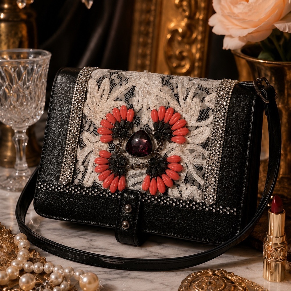 RUBYRUDI Handcrafted Lace Crossbody Bag with Vintage Floral Accent Art To Wear